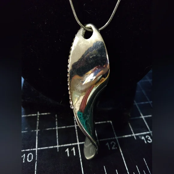 Silver Tone Necklace & Pendant, Manifest Design, Abstract, Rhinestones, … - Picture 2 of 6